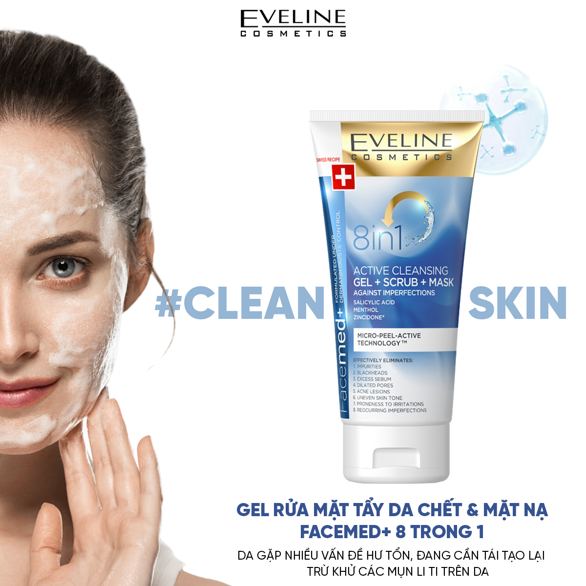 Gel Rửa Mặt 8in1 Eveline. Tuýp 150ml.