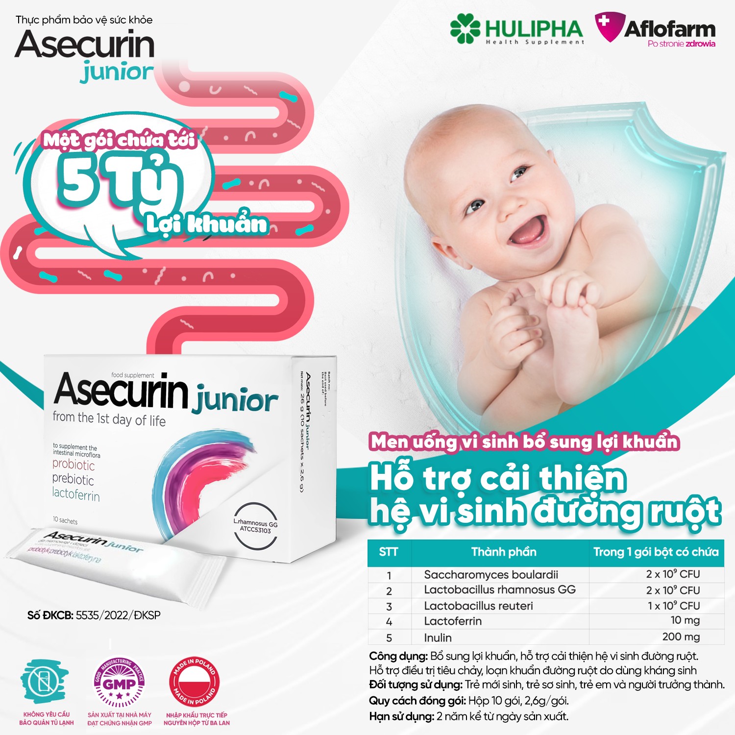 Men Vi Sinh Asecurin Junior Hộp 10 Gói X 2,6g.